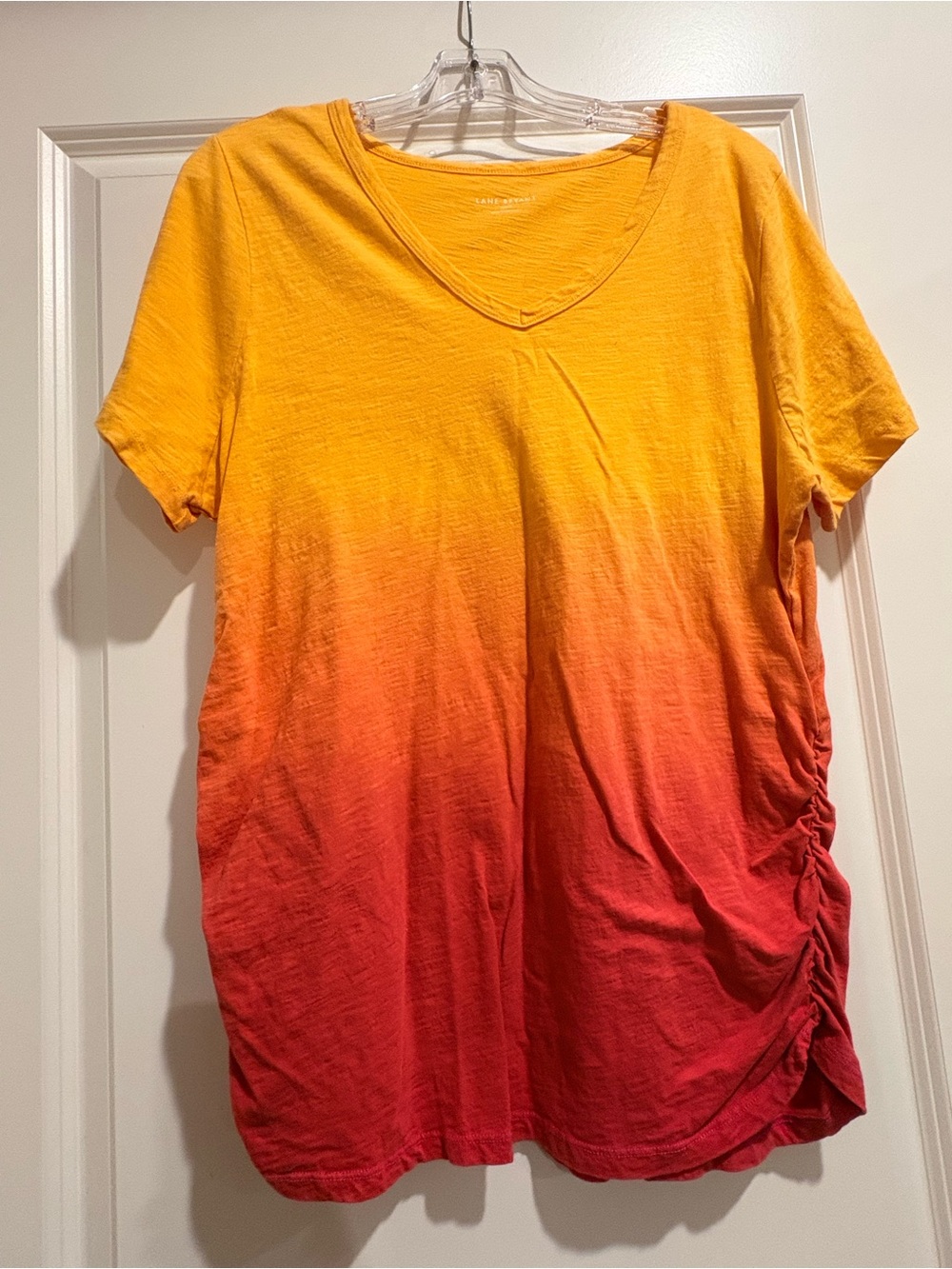 Lane Bryant Yellow to Red Ombre V-Neck Short Sleeve Top with Side Ruching